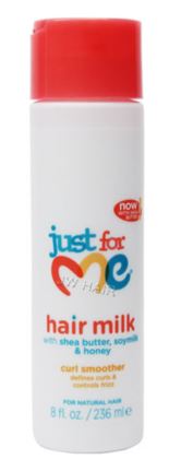 A bottle of JUST FOR ME HAIR MILK CURL SMOOTHER with a red cap, primarily white and blue label, and an indication of 8oz volume.